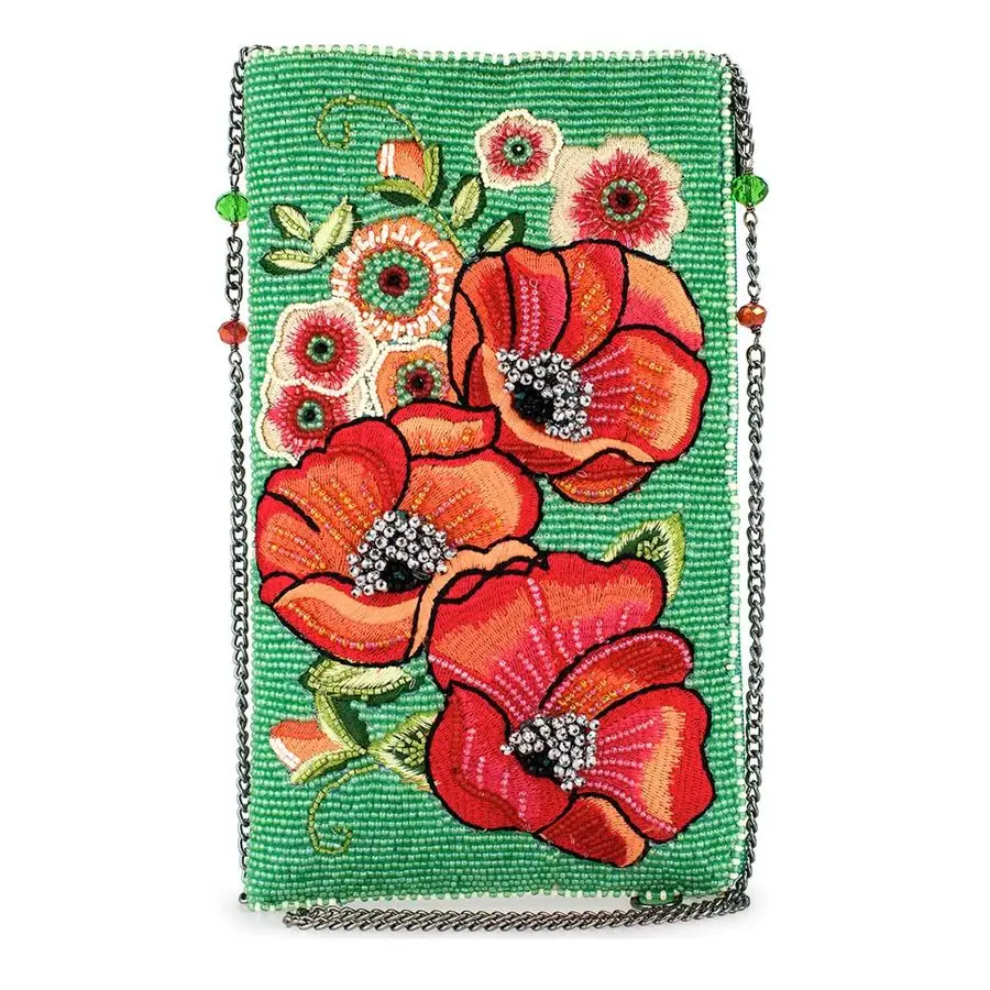 

Field Beaded Crossbody Cell Phone Bag Clutch with Red Floral Embroidery and Removable Chain Strap, Green