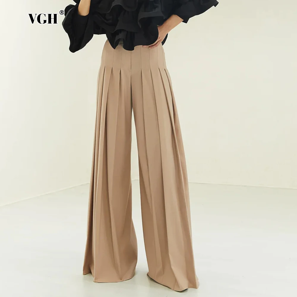 

VGH Solid Patchwork Pleated Long Trousers For Women High Waist Spliced Zipper Minimalist Loose Wide Leg Pants Female Fashion New
