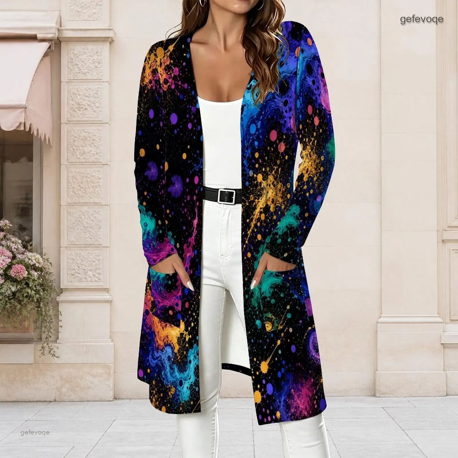 Women Galaxy Nebula Printed Long Sleeve Open Front Longline Cardigan With Pockets