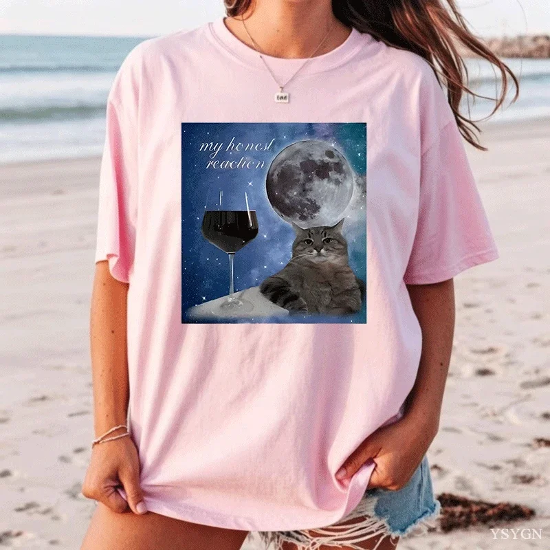 Funny Wine Cat Meme Silly T Shirts Men Women Printing Oversize T Shirt Causal Short Sleeve Loose Basic Tee Round Neck Tops