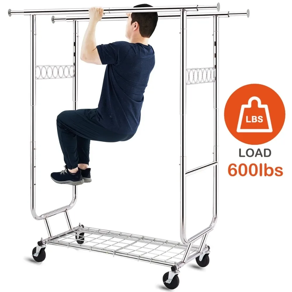 600 lbs Commercial Grade Heavy Duty  Garment Rack with Shelves Collapsible Clothing Racks on Wheels Rolling Clothes Rack