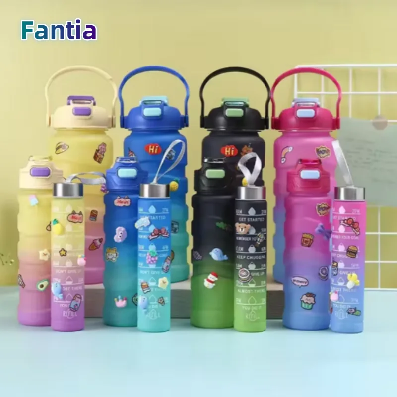 

Large Capacity Sports Water Bottle Gradient 3PCS Creative Threaded Straw Cup Outdoor Convenient Portable Big Belly Water Cup