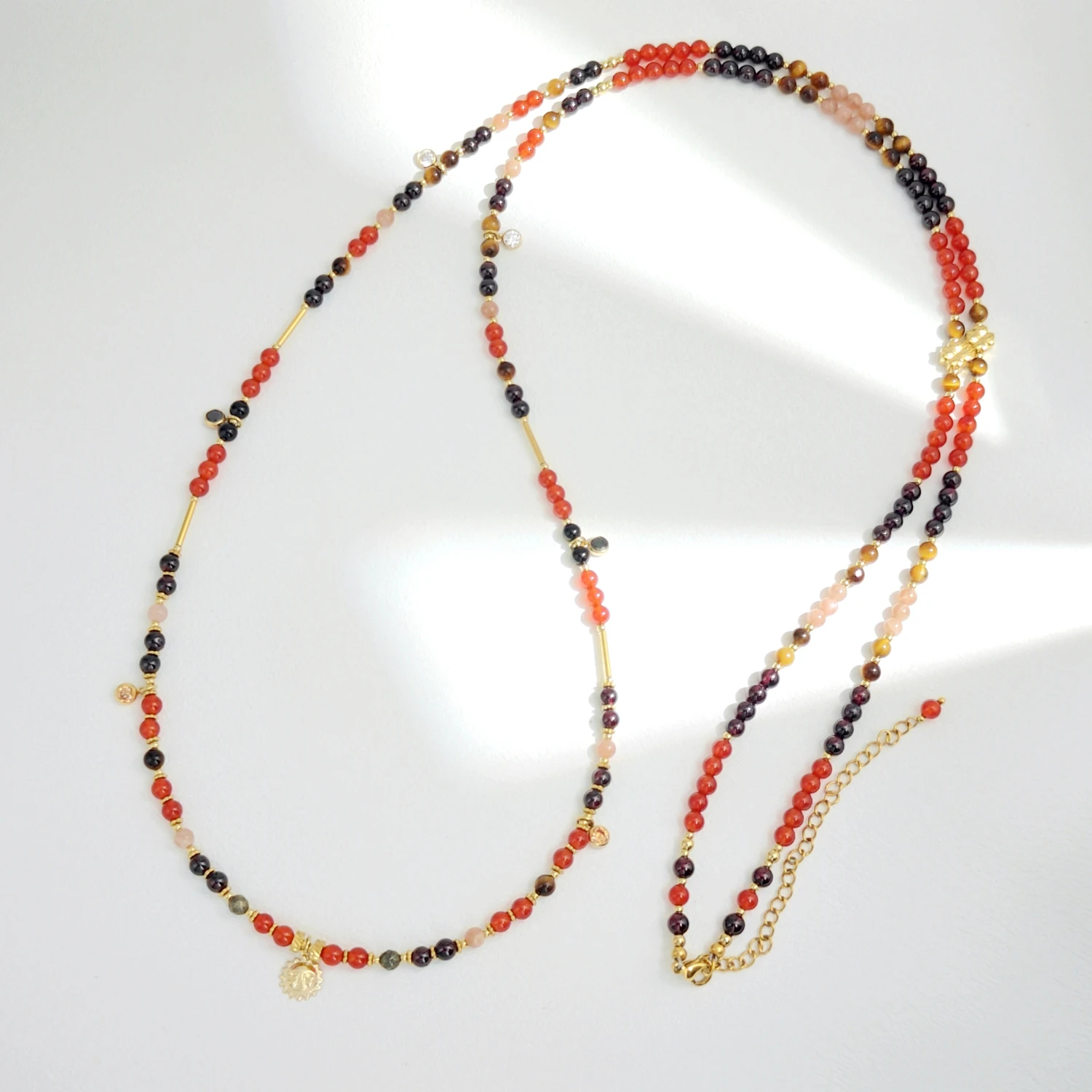 

Lii Ji 4mm Garnet Carnelian Sunstone Tiger's Eye Pyrite Agate Stainless Steel Waist Chain 107+8cm Natural Stone Jewelry