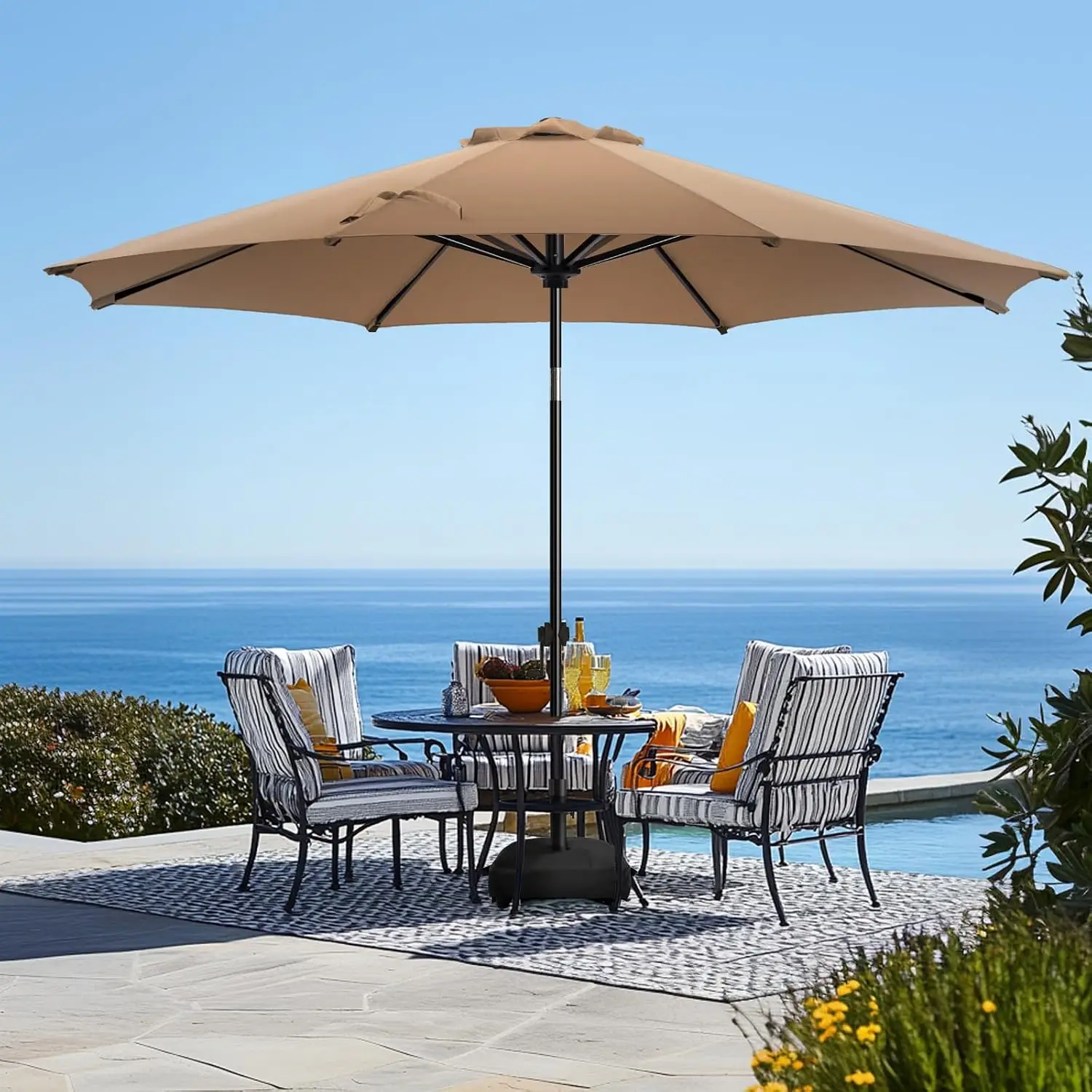11FT Patio Umbrella with Base, 8 Ribs Waterproof Fade Resistant Polyester Canopy for Outdoor Deck Lawn Garden Pool, Customized