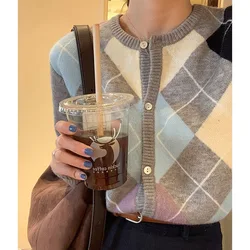 2023 Autumn And Winter Fashion Ladies New Knitted Cardigan Loose Korean Retro Round Neck Plaid Sweater Women's All-match Blouse