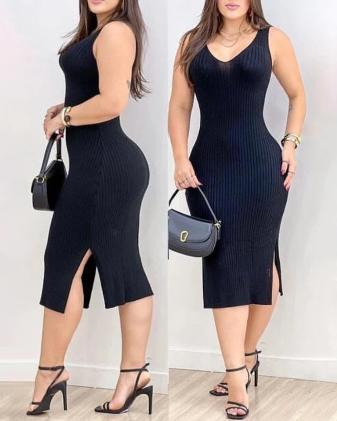 

Womens Dresses 2025 Spring New Fashion V-Neck Sleeveless Plain Daily Bodycon Dress Sexy Slit Knit Casual Midi Dress