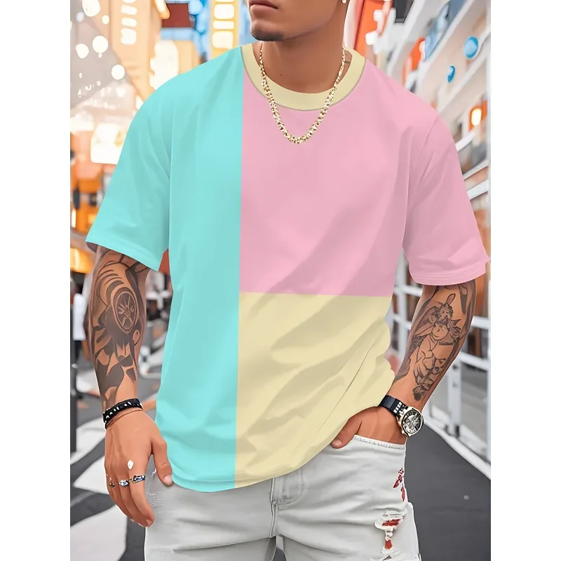 for Men Printed Crew Neck T Shirt Light Comfortable Fabric Regular Fit Bright Color Block Pattern Outdoor Sports Casual