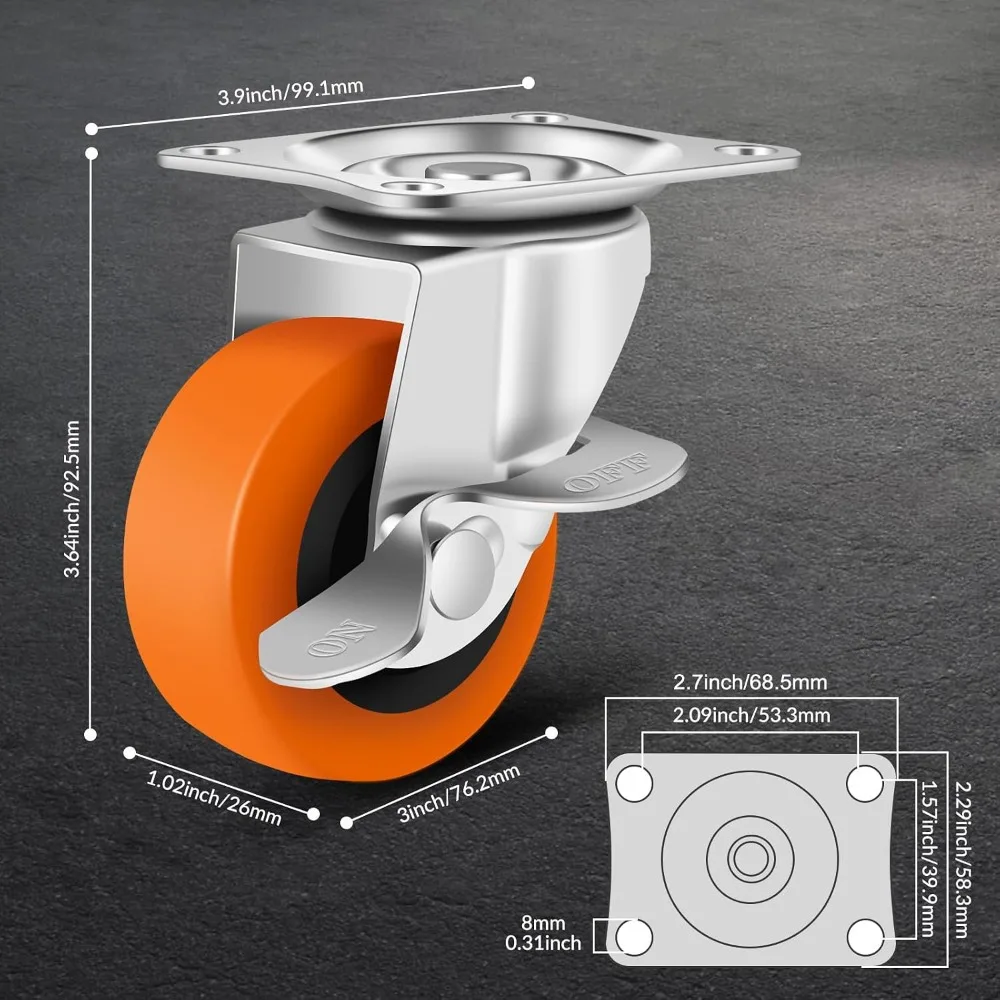 3 Inch Heavy Duty Caster Wheels with Brake, Set of 4, Polyurethane Plate Swivel Casters for Furniture, Carts, Workbench