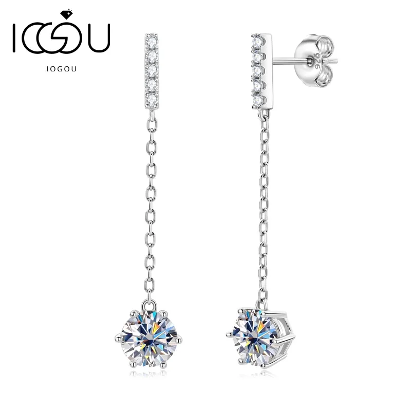 

IOGOU Long Tassel Drop Earings 5.0&6.5mm Bezel Real Moissanite for Women Original 925 Sterling Silver Fine Dangle Huggie Earring