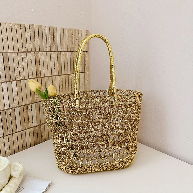 Goldene Hohlgeflechtte Shopper-Markttasche, Damen Casual Chic Strand- und Pendler-Tragetasche, Koreanische Bucket-Handtasche – Detail 12