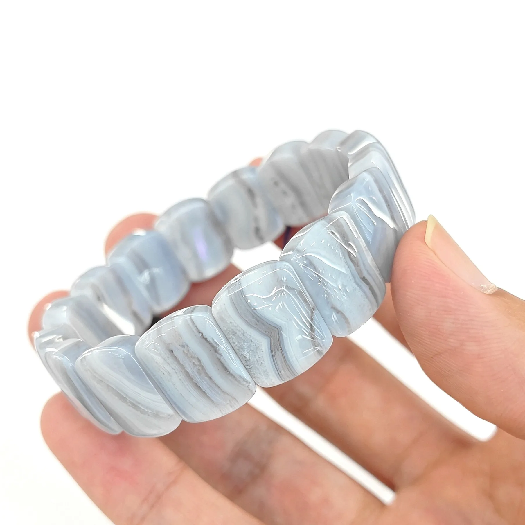 Natural Blue Lace Agate Gemstone Plate Bracelet Smooth Sky Blue Banded Crystal Slab Cuff Wrist Jewelry Gift Random Dispatch 1 Pc