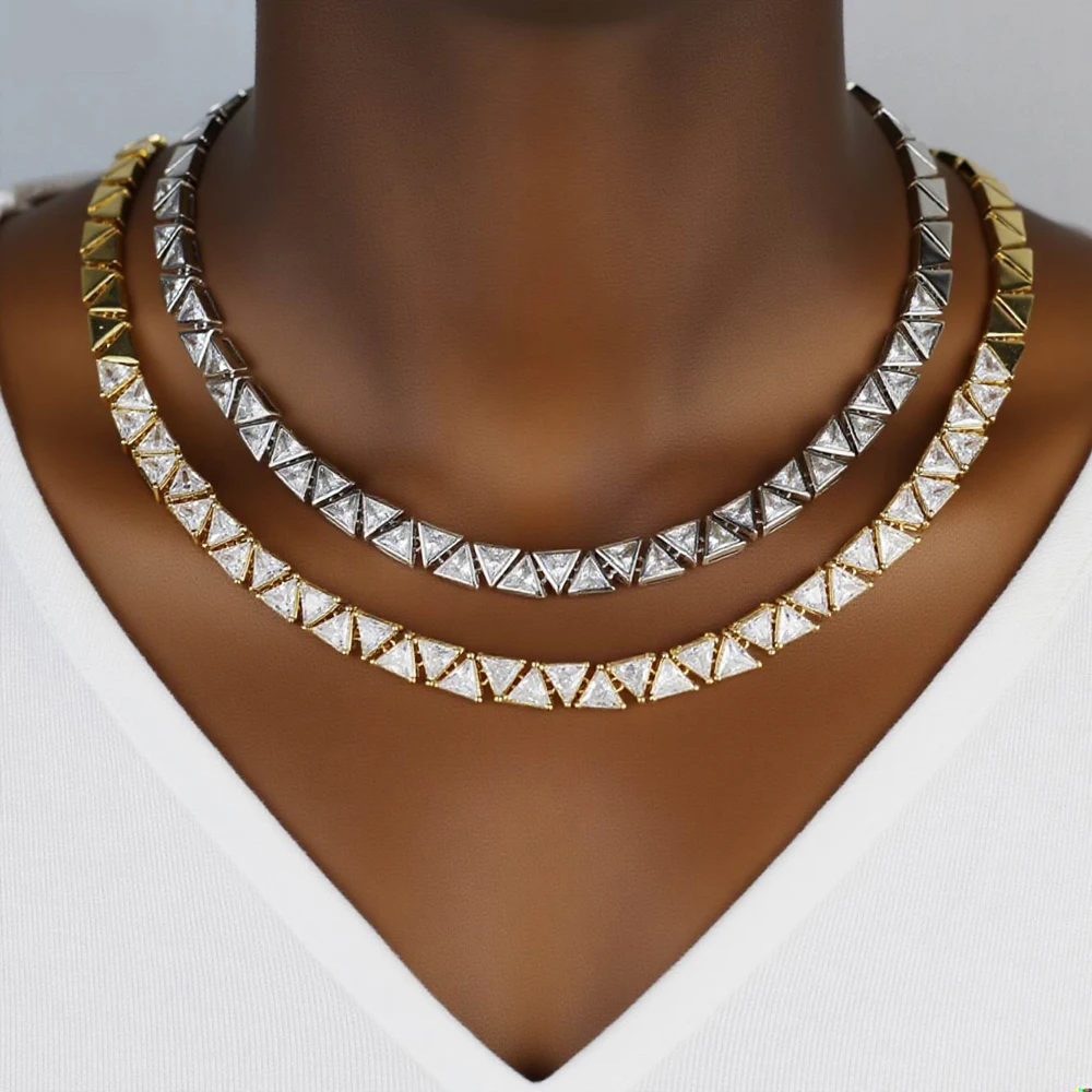 Triangle Shaped Tennis Chain Necklace Full Paved Bling CZ Cuban Chain Cubic Zircon Fashion Luxurious Choker Hip Hop Jewelry