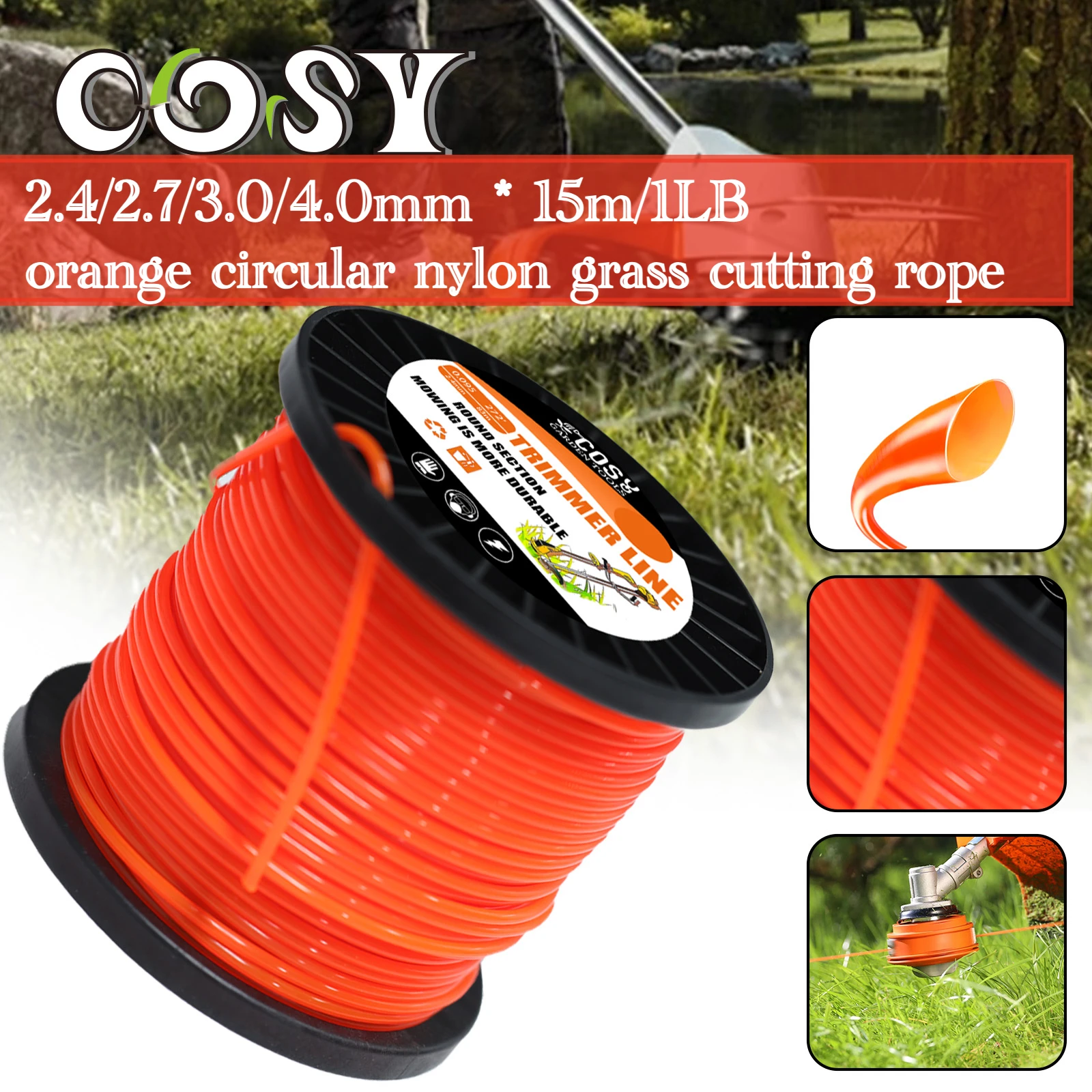 1LB 2.4/2.7/3.0/4.0mm Mowing Nylon Grass Trimmer Rope Brush Cutter Strimmer Line Orange Round Brushcutter Trimmer Cord Line Wire
