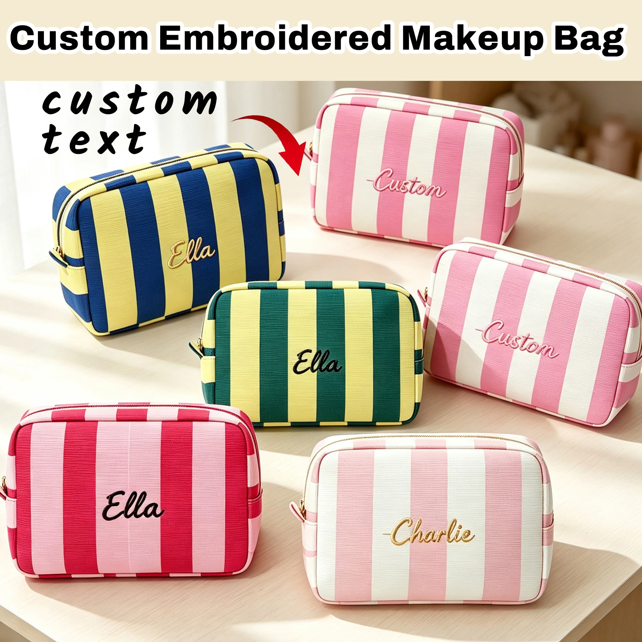 Personalized Name Embroidered Striped Corduroy Makeup Bag, Large Capacity Travel Cosmetic Bag, Portable Toiletry Storage Pouch f