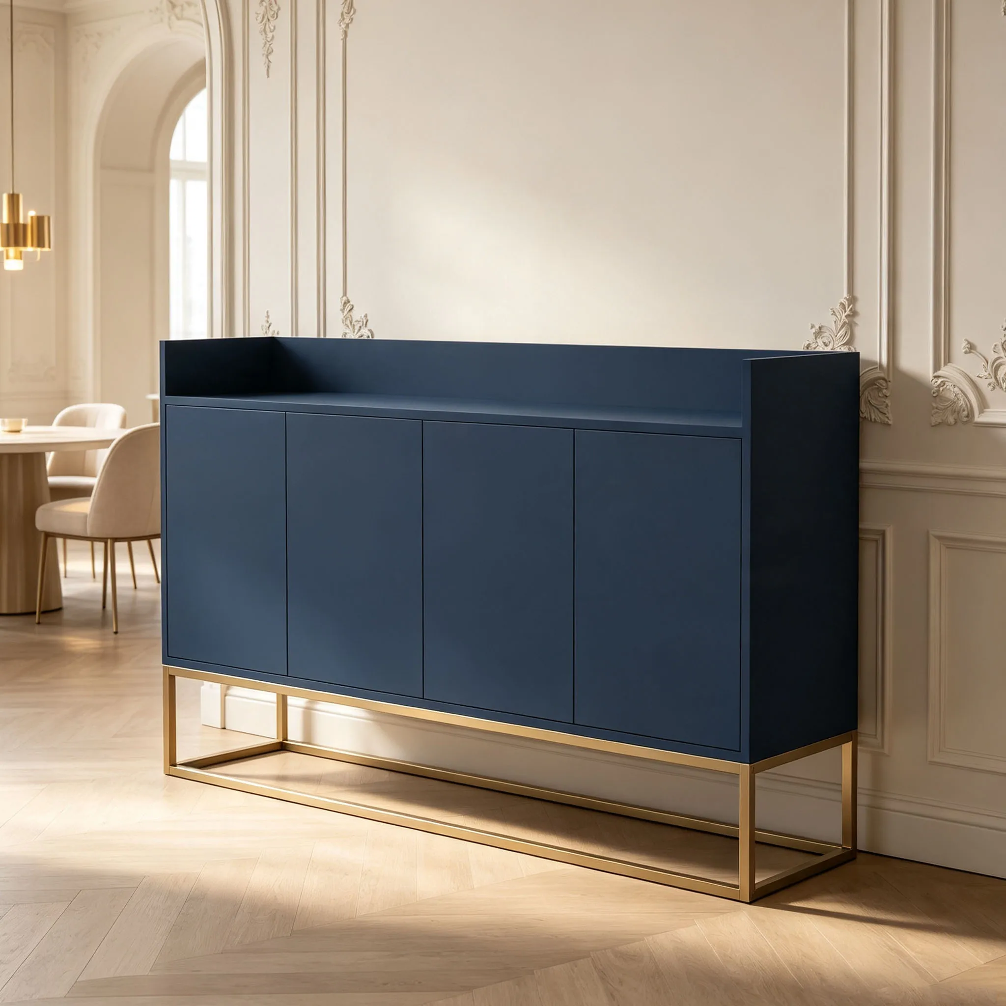 Buffet bleu Superaly de style minimaliste, armoire moderne avec 4 portes, 120 cm de large, armoire polyvalente pour salle à manger, salon, cuisine