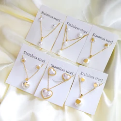 Korean Fashion Stainless Steel Earring Pendant Necklace Set Pearl Set Cubic Zirconia Jewelry Sets for Women Wedding Wholesale