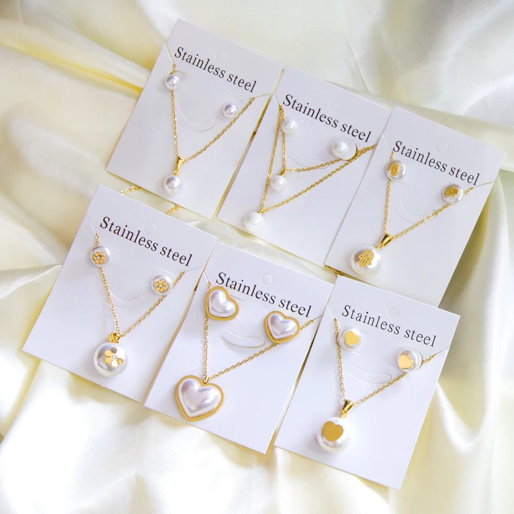 Korean Fashion Stainless Steel Earring Pendant Necklace Set Pearl Set Cubic Zirconia Jewelry Sets for Women Wedding Wholesale