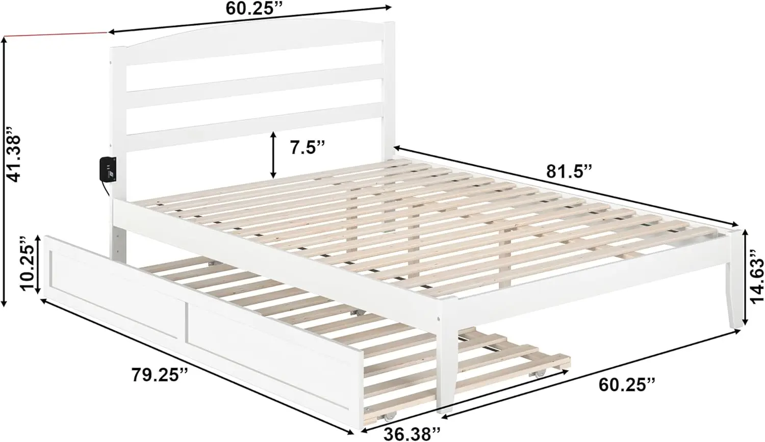 Warren Queen Size Platform Bed With Twin Xl Trundle & Charging Station In White