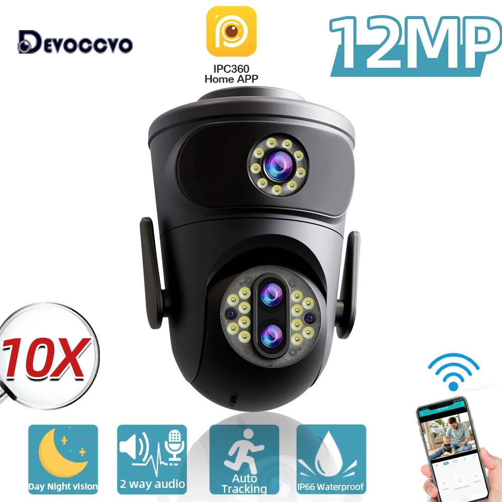 12MP 6K IP Camera 10X Zoom Outdoor Three Lenses Dual-Screen PTZ WiFi Camera Security Protection CCTV Color Night Vision Cam 4K