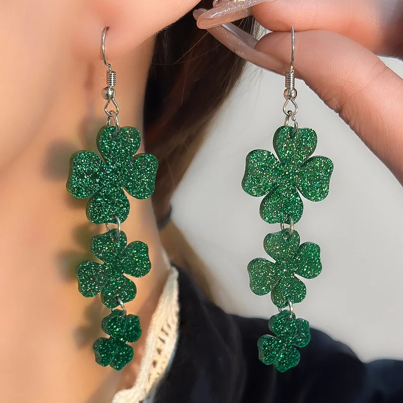 St. Patrick's Day Green Hat Clover Decor Bling Bling Dangle Earrings Cute Vacation Style Lucky Female Earrings