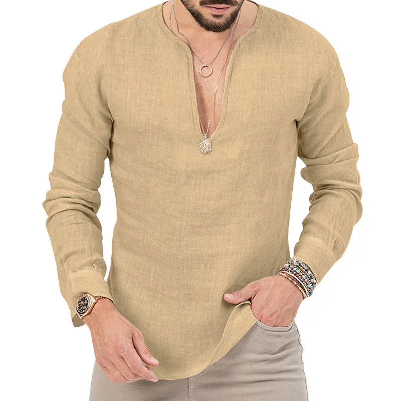 Men's Spring and Summer Large-size Casual Tropical Cotton Linen Deep V-neck Solid Color Large-size Long-sleeved T-shirt Shirt