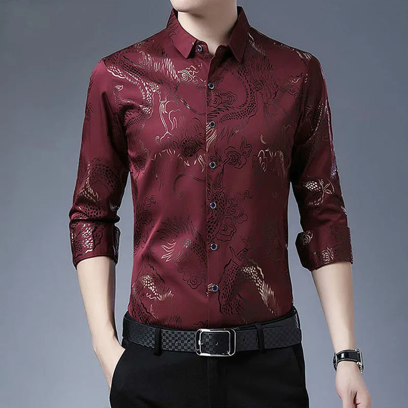 2024 Autumn New Men's Polo Neck Printed Ice Silk Long Sleeved Flower Shirt Spring Fashion Casual Slim Fit Versatile Business Top