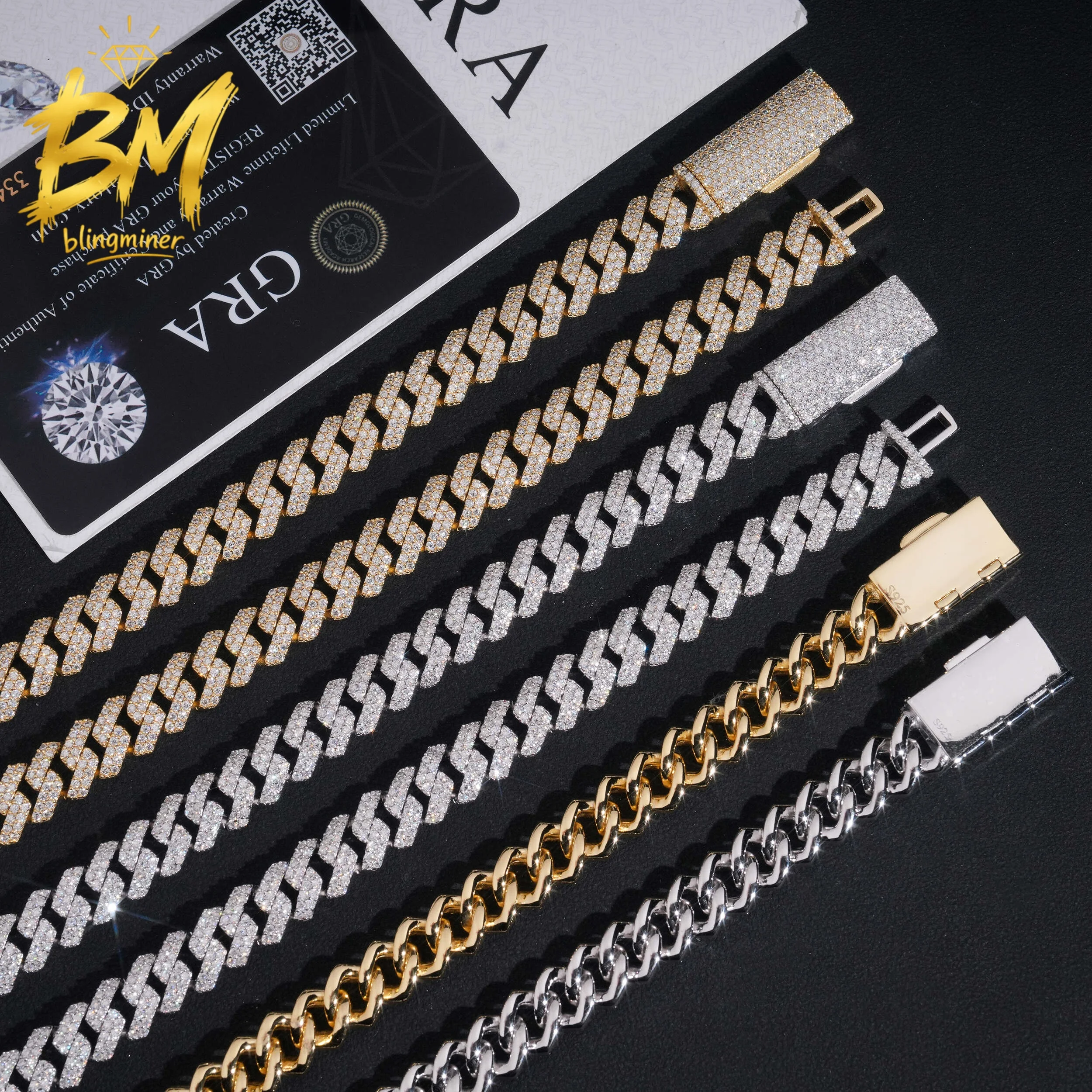 Blingminer 10mm VVS Moissanite Chain Iced Out Necklaces For Men Brass Cuban Chain Pass Diamonds Tester With GRA Free Shipping