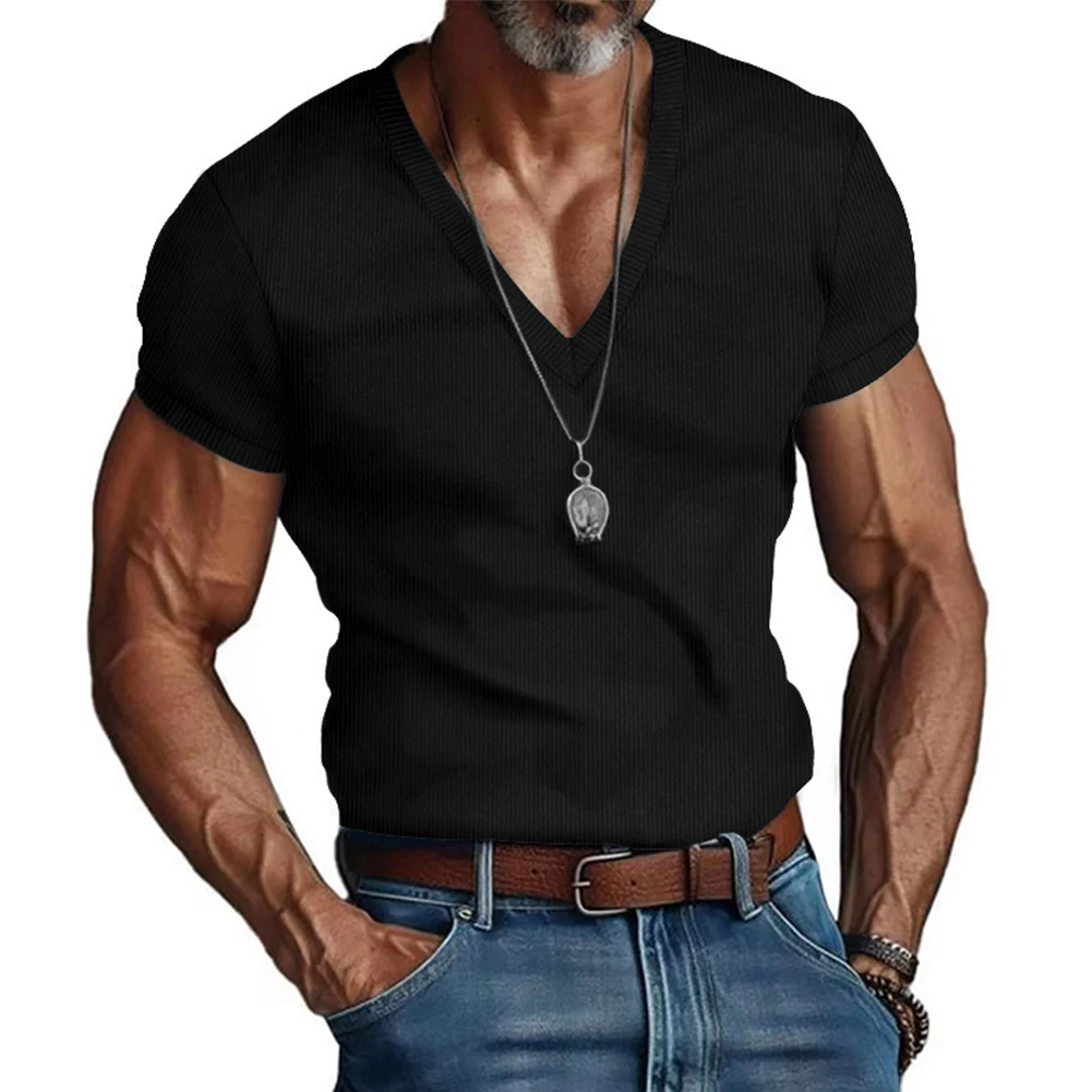 Mens Short Sleeve V-Neck T-shirt Blouse Muscle Fitness Sports Gym Pullover Top