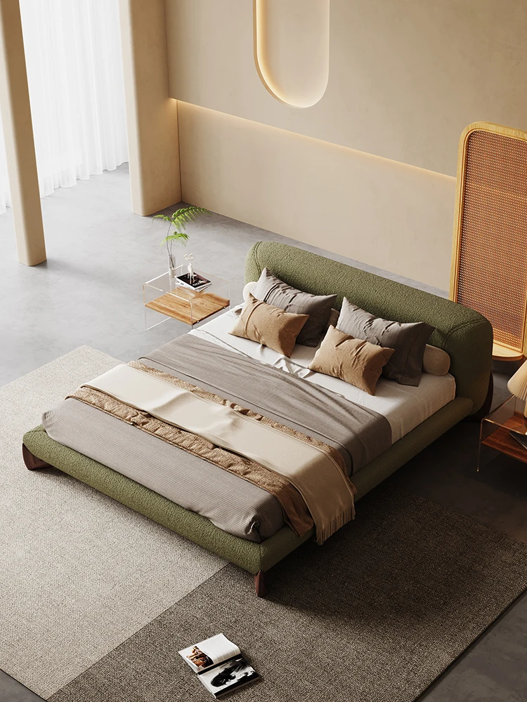 

Medieval wabi Santilwind solid wood master bedroom double bed minimalist homestay lamb wool 1.8 meters fabric floor-to-ceiling
