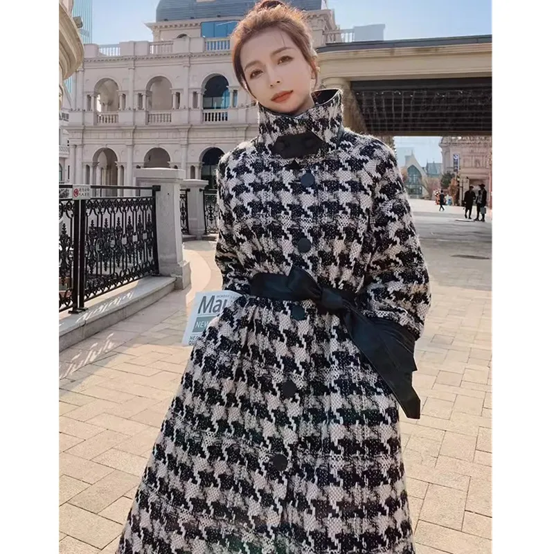 Women's Spliced Thousand Bird Grid Woolen Coat 2024 Autumn/Winter Stand Collar Korean Edition Thicken Long Overcoat with Belt