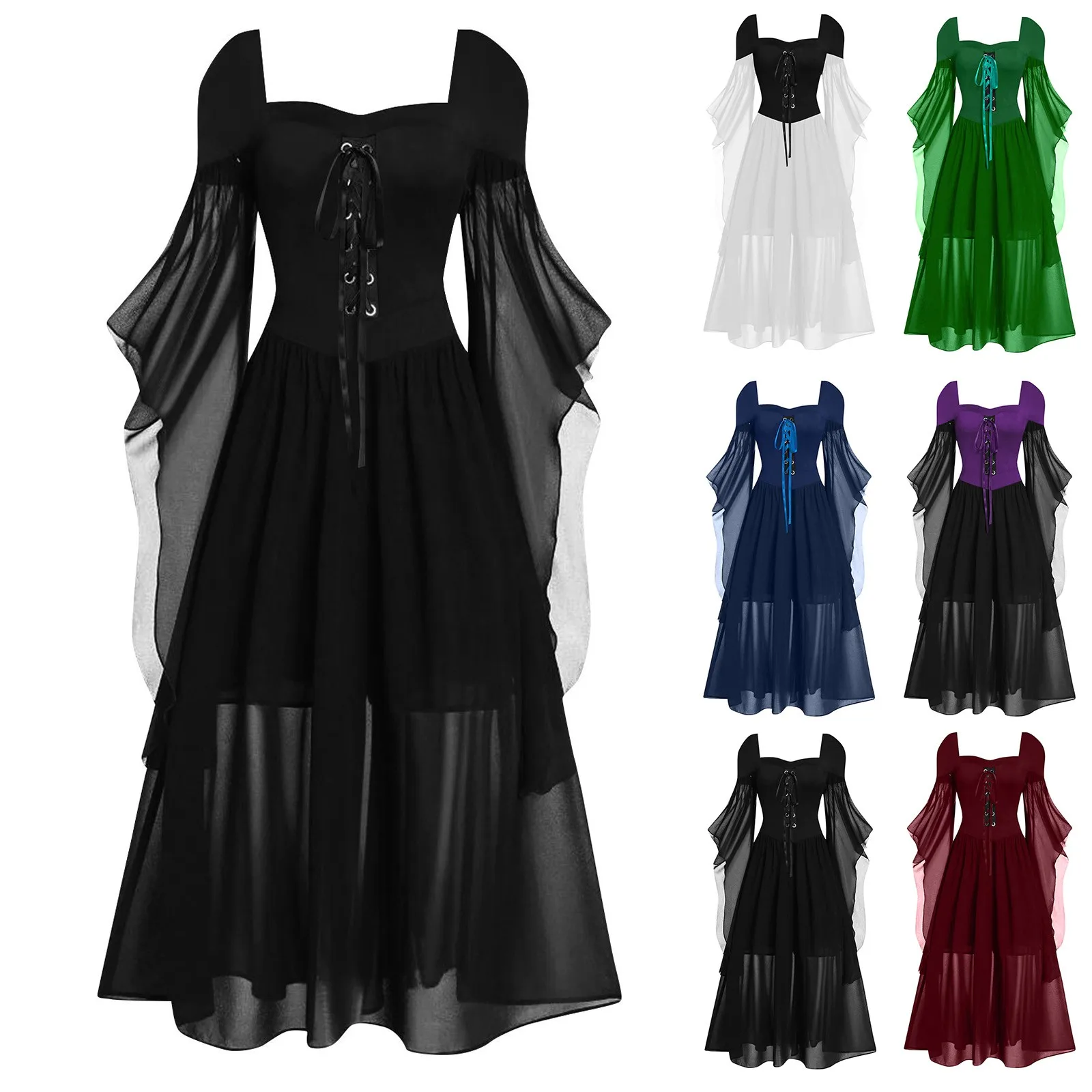 

Plus Size Vintage Halloween Medieval Witch Dress for Women Cold Shoulder Butterfly Sleeve Gothic Dresses Carnival Dress Up Party