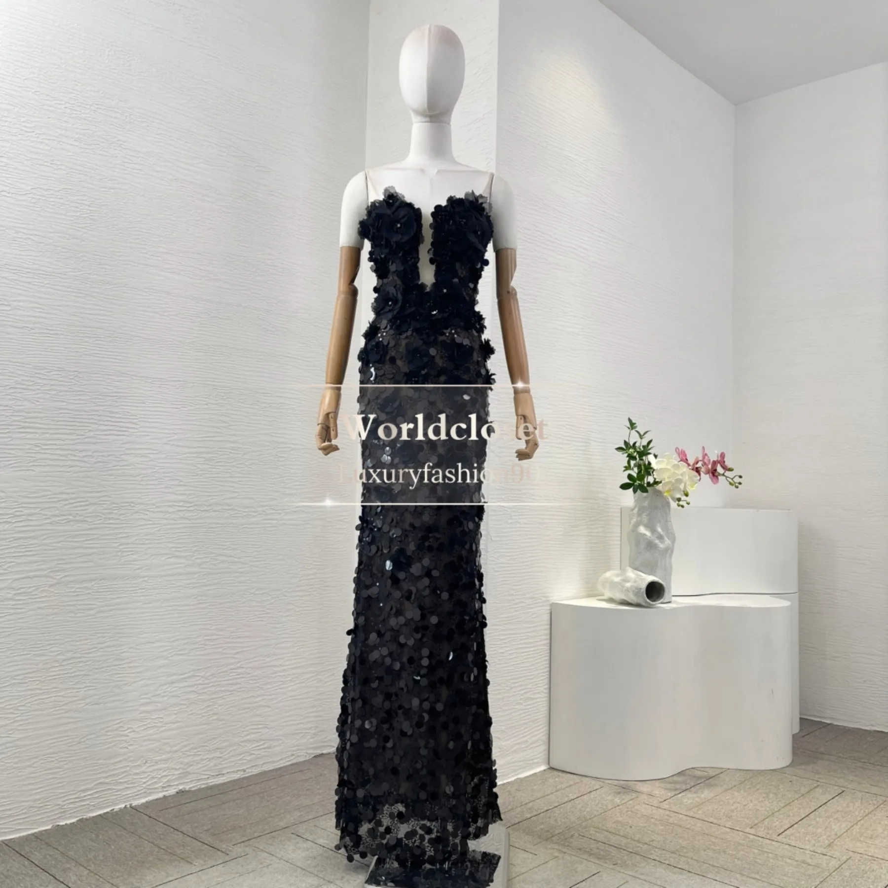 

Black Sleeveless Pearl Sequin Floral Print Mermaid Fishtail Maxi Evening Dresses 2025