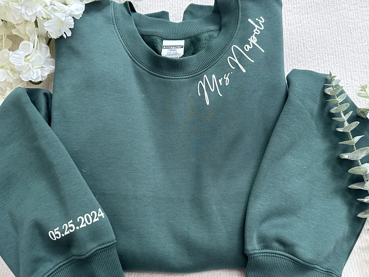 Personalized Mrs Sweatshirt, Custom Wedding Gift, Anniversary Gift for Her, Mrs Neckline Embossed Sweater, Wedding Date Sleeve