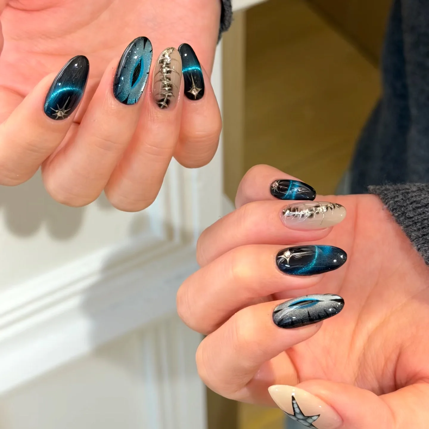 10pcs Handmade Short Oval Press On Nails Black Base Dark Blue Cat Eye Star Design Sweet Cool Fake Nails Wearable Nail Spice Girl