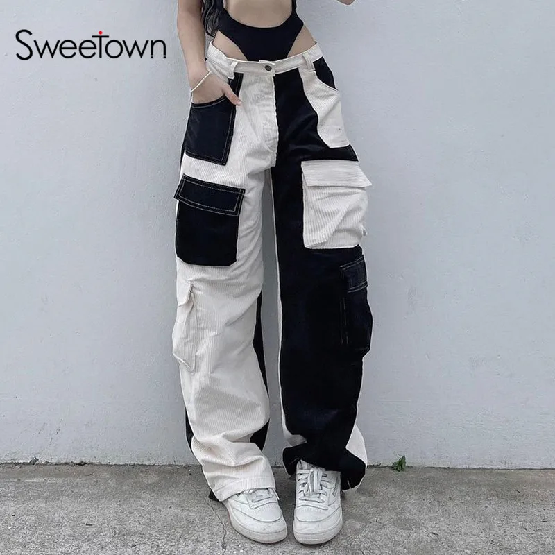 

Sweetown Contrast Color Patchwork Corduroy Cargo Pants Women Korean Fashion Pockets Stitch LowWaist Streetwear Straight Trousers