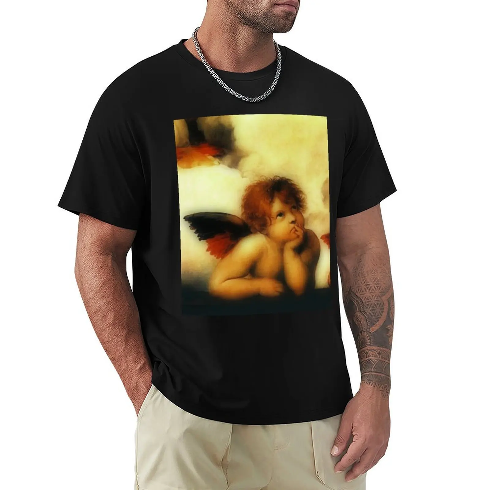 Madona Sistina de Raffaello Sanzio da Urbino (Anjo 1), 1513-1514. Camiseta Básica Confortável com Gola Redonda
