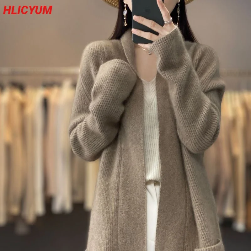 Long cashmere cardigan Autumn/winter new casual knitted garment Thickened V-collar lady\'s jacket loose 100% pure wool sweater