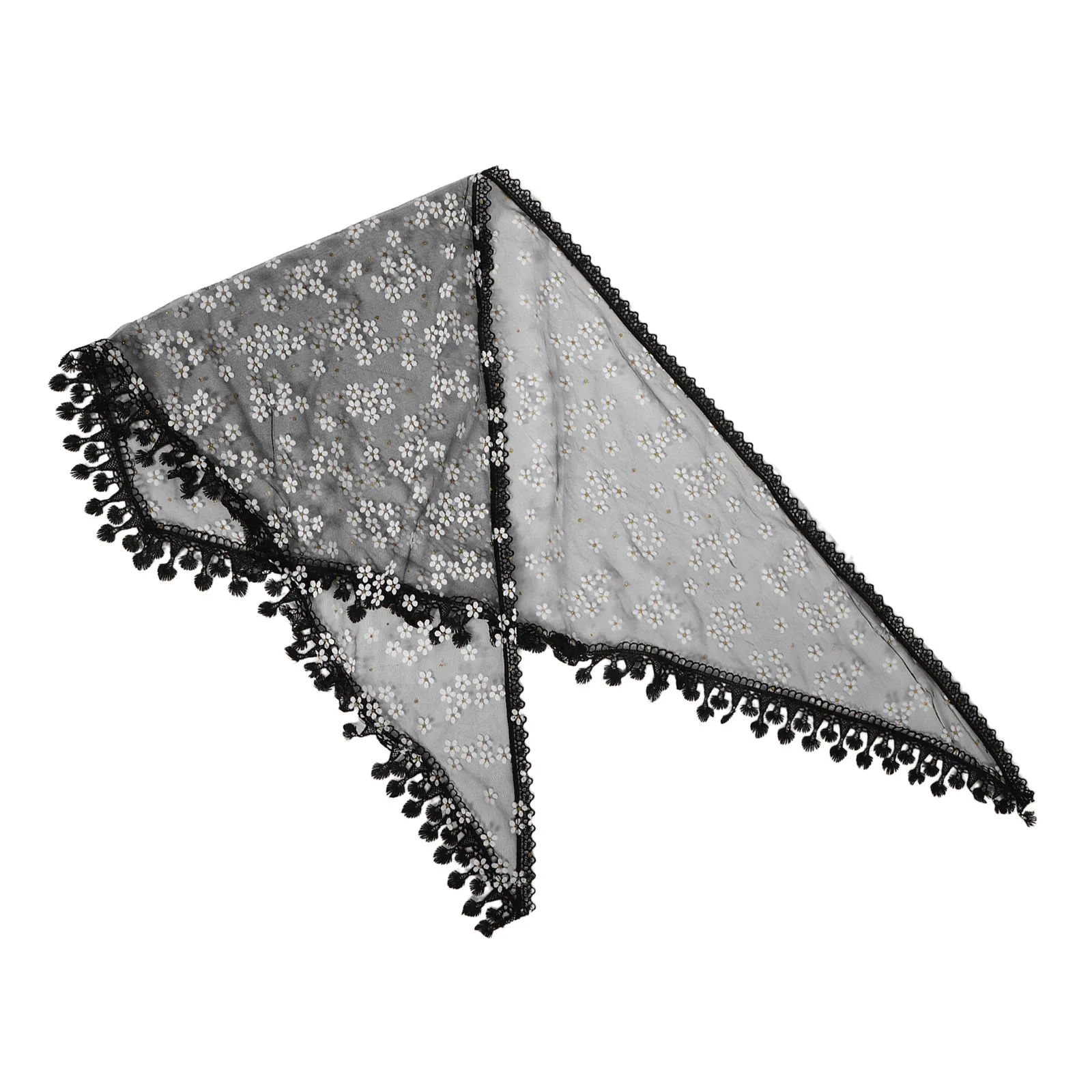 

Католический треугольный платок для женщин с цветочным кружевом, вышивкой, аппликацией, дышащей сеткой и бахромой, молитвенная вуаль, головной убор