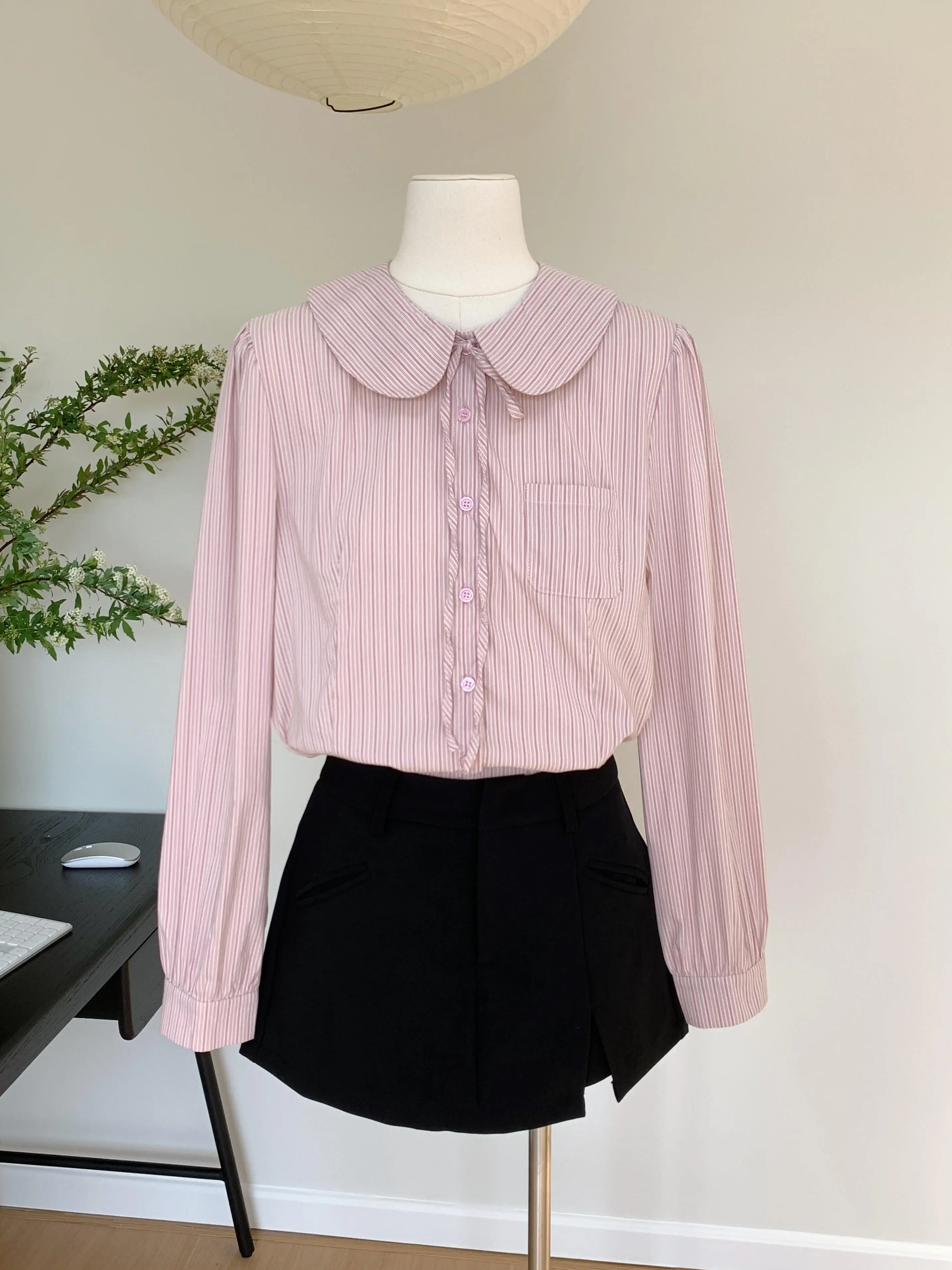 Women's Striped Shirt Doll Neck Long Sleeve Y2K Fashion Japanese Cute High Street Office Seat College Versatile Casual Top Shirt