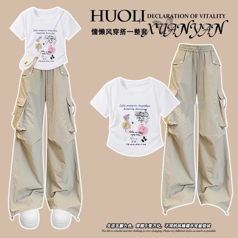 Fashion Women's Set of Spring and Summer Korean Round Neck T-shirt+casual Pants Two-piece Set