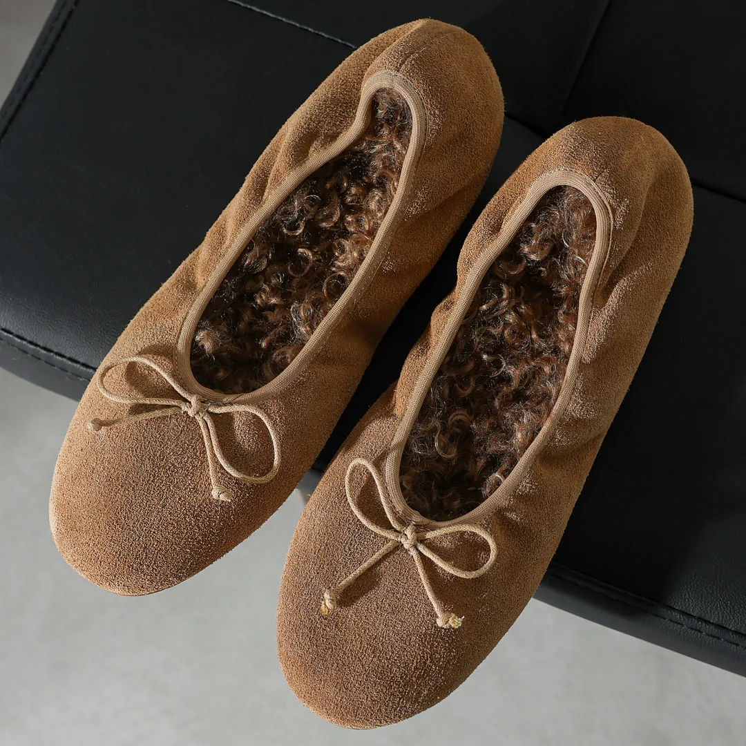 

danxuefei women's natural suede leather round toe sweet bowtie warm plush inside slip-on ballet flats Casual female espadrilles