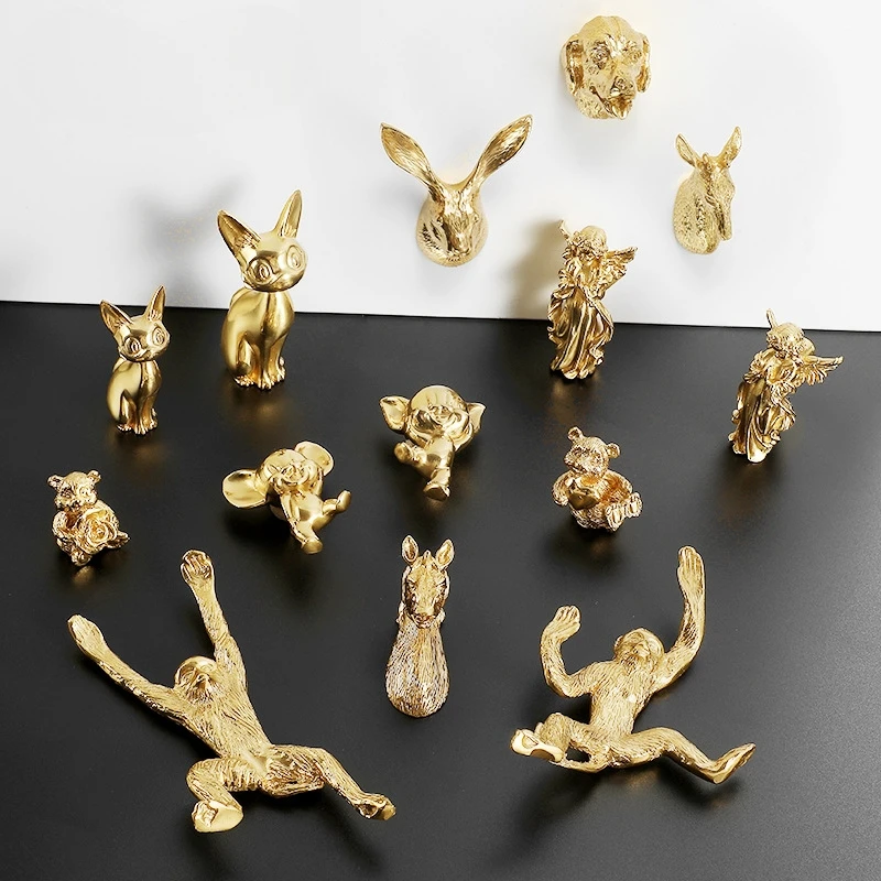 1Pcs Creative Personality Animal Monkey Kitten Mouse Bear Dog Deer Rabbit Horse Head Brass Furniture Drawer Wardrobe Handle