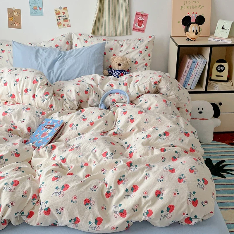 Red Strawberry Duvet Cover Set Teen Girls Women Cute Bedding Sets 100% Washed Cotton Soft Comforter Covers Bedroom Decoration