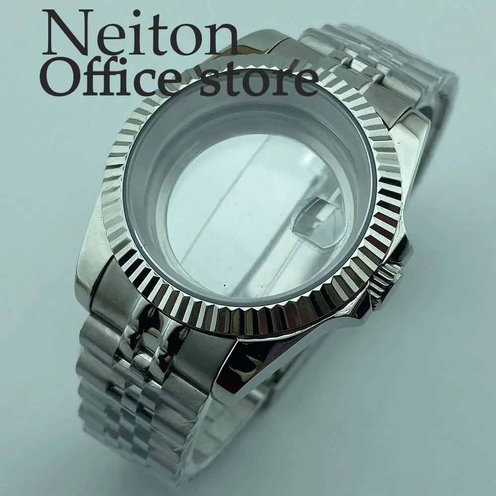 NEITON-Caja plateada para reloj, cristal de zafiro, compatible con NH35, NH36, NH34, ETA2824, PT5000, movimiento, 39mm