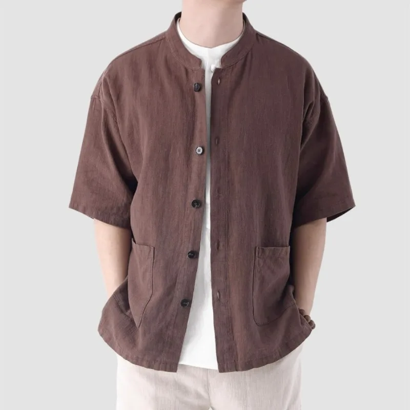 

Men's Brown Manin Collar Short-Sleeve Shirt Loose-Fit Linen Blend Casual Button-Down Top with Pockets