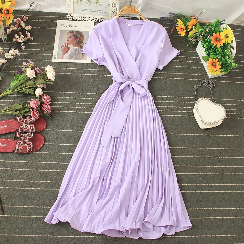 Summer Retro Chiffon Pleated Dress 2021 Women Elegant V-neck Short Sleeve Party Dress Slim Sexy Lace Up Pleated A-line Dress