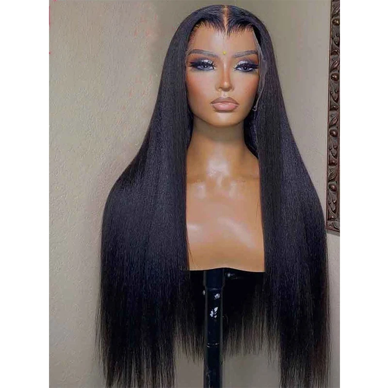 

Soft 28 inch 200% Density Long Natural Black Yaki Kinky Straight Lace Front Wig For Women With Baby Hair Preplucked Glueless