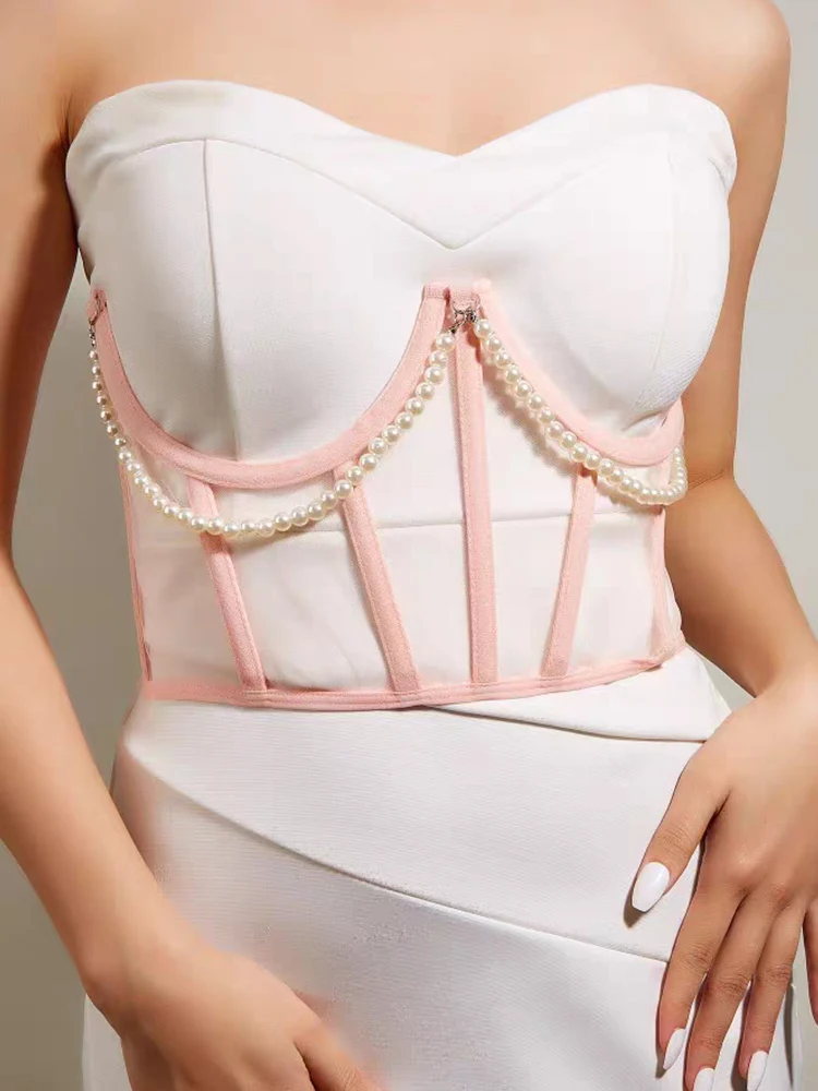 Women Lace-up High Waist Bustier Underbust Pearl Chain Bustiers Tied Wide Belt Cinchers Underwire Wide Corsets Tops Boned Corset