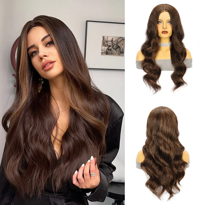Long Wavy Ombre Brown Wigs Synthetic Hair, Heat Resistant Wigs for Women, Lightweight Tangle‑Free, Middle Part Design
