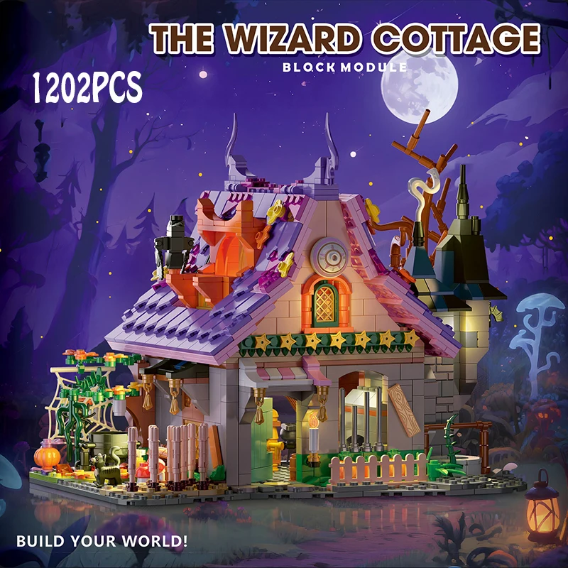 1202pcs Witch Hut Magic Building Block Set,DIY Enchanted Cottage Bricks Model with LED Lights,Creativity Home Desktop Decor Gift